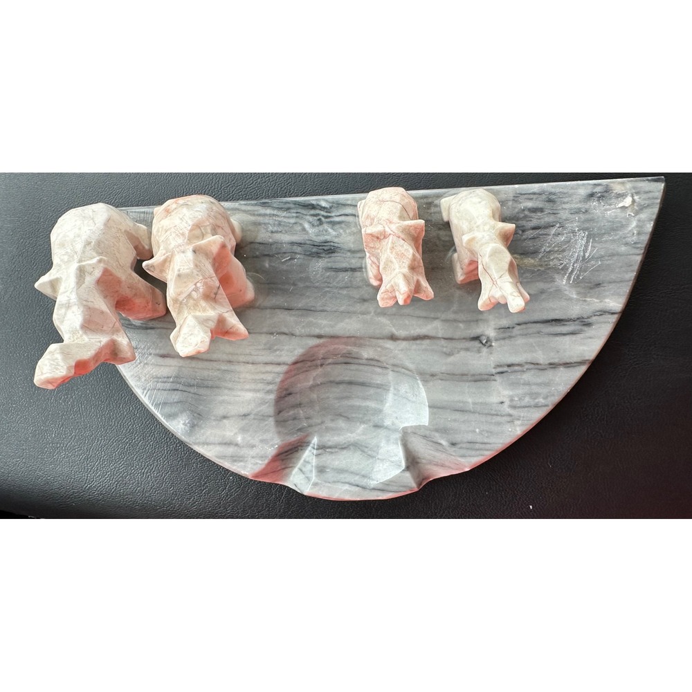 Vintage Hand Carved Stone Elephant Family Ashtray Grey Pink Marble Soapstone